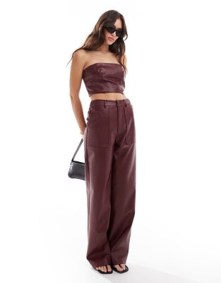 PU high rise pants in burgundy - part of a set-Red