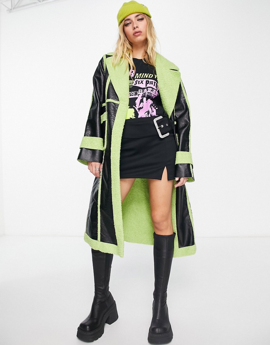 Extro & Vert PU panelled coat with lime green teddy trim-Black