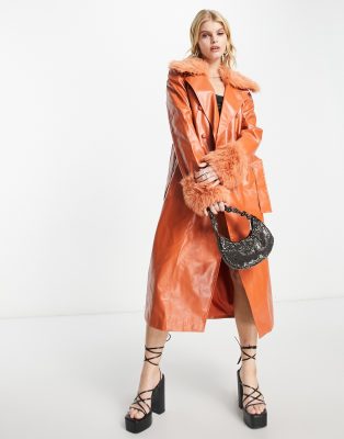 Extro & Vert Pu Trench Coat With Faux Fur Collar And Cuffs In Orange