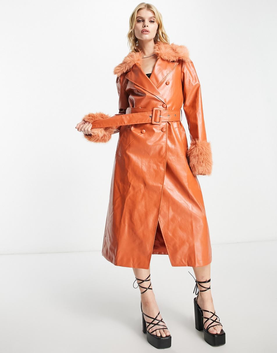 Extro & Vert PU trench coat with faux fur collar and cuffs in