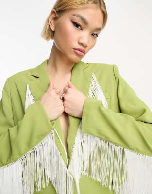 Extro & Vert Extro & Vert relaxed blazer with fringe in green & white co-ord