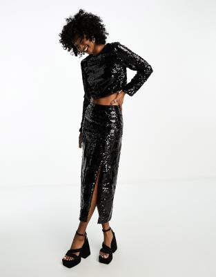 Extro & Vert Sequin Midi Skirt With Thigh Split Co-Ord In Black