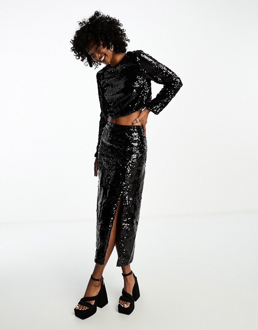 sequin midi skirt with thigh split in black - part of a set