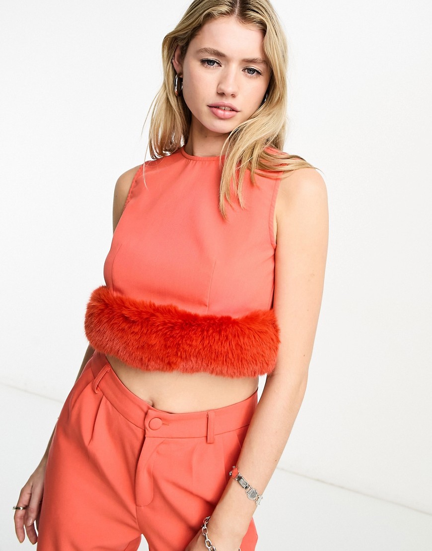 Extro & Vert sleeveless crop top with faux feather hem in orange co-ord