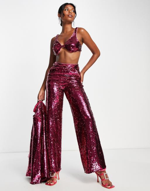 Hot Pink Sequin Wide Leg Pants - All Bottoms