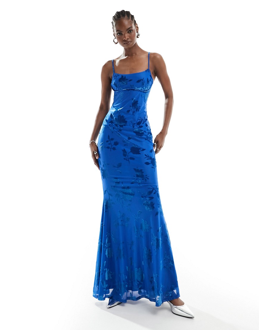 strappy floral burnout maxi dress in cobalt blue