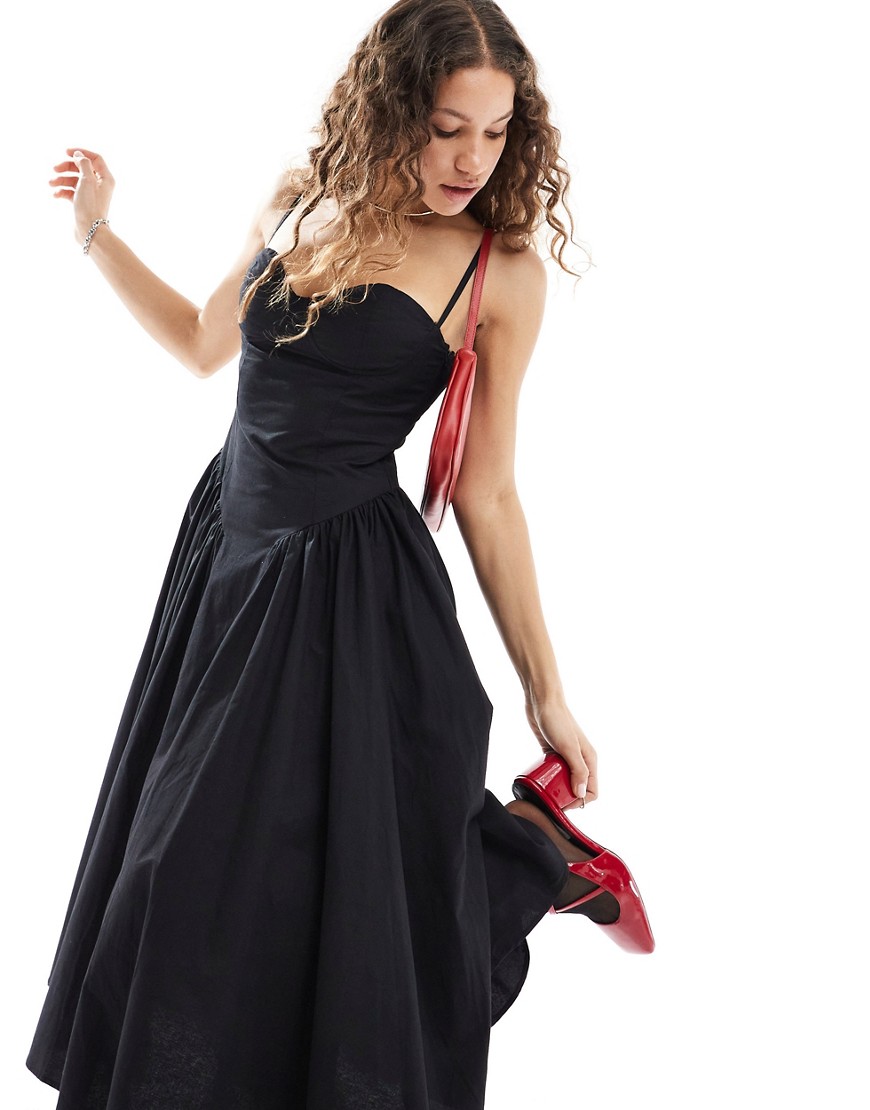 strappy midi corset dress in black