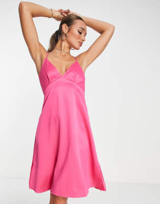 Extro & Vert Strappy Midi Dress In Hot Pink Satin