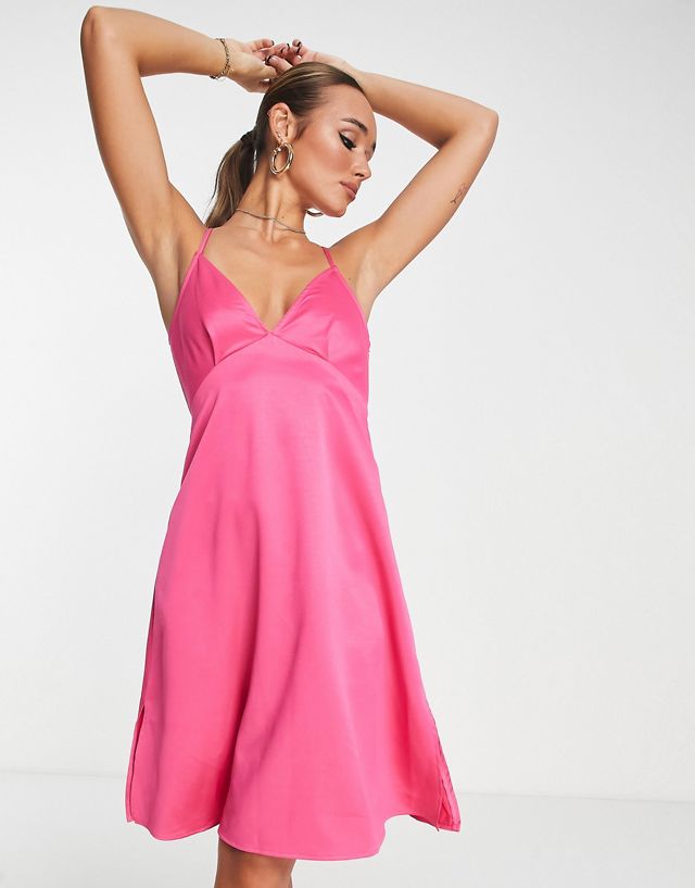 Extro & Vert strappy midi dress in hot pink satin