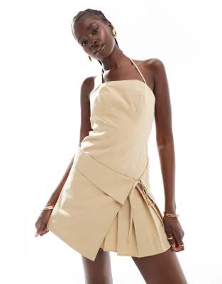 strappy tie skirt mini dress in stone-Neutral