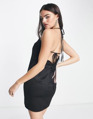 Extro & Vert Super Plunge Mini Dress In Black Satin