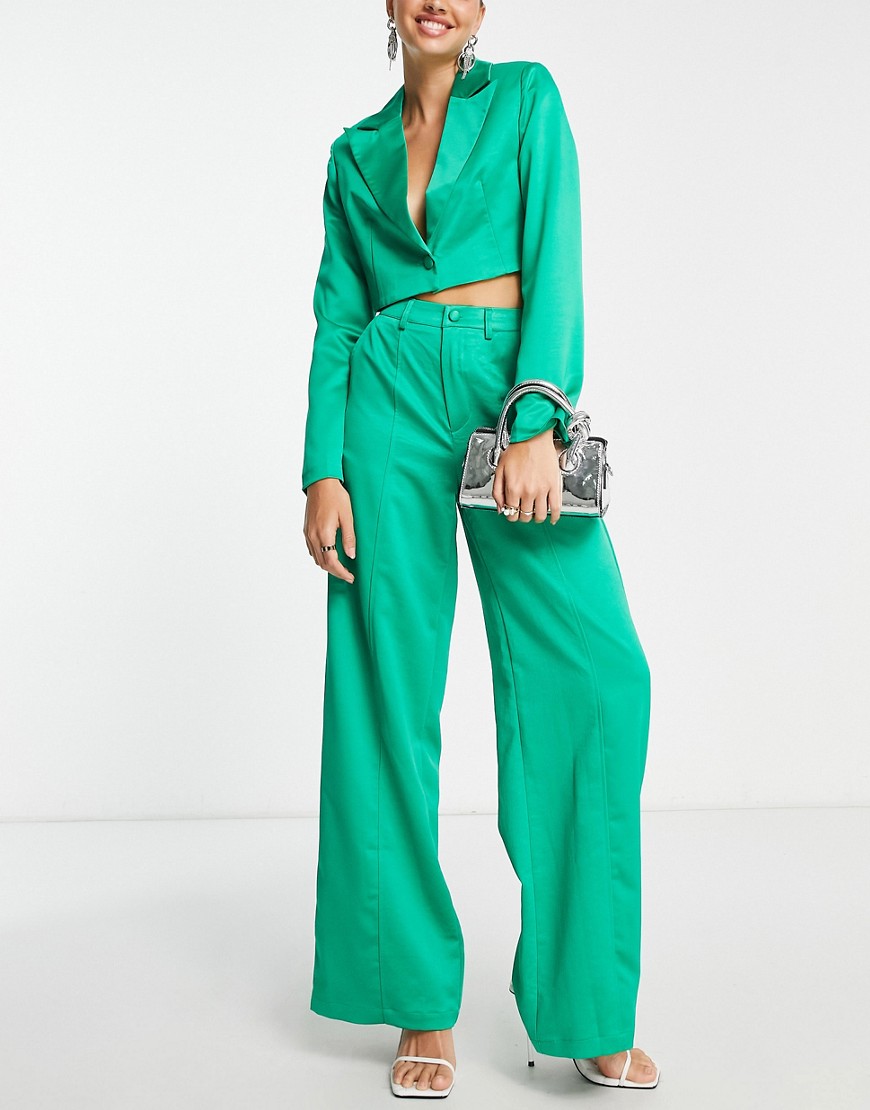 Extro & Vert super wide leg trousers in emerald satin co-ord-Green