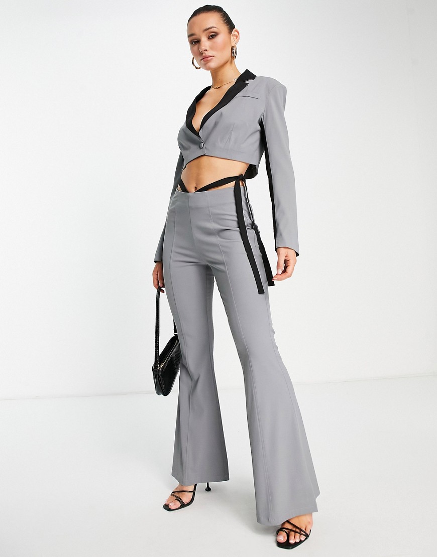 Extro & Vert tailored flare pants with contrast tie waist - part of a set-Gray