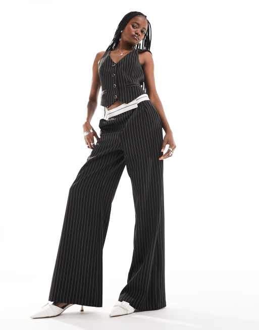 Extro & Vert tailored pinstripe pants with asymmetric waistband in black (part of a set)