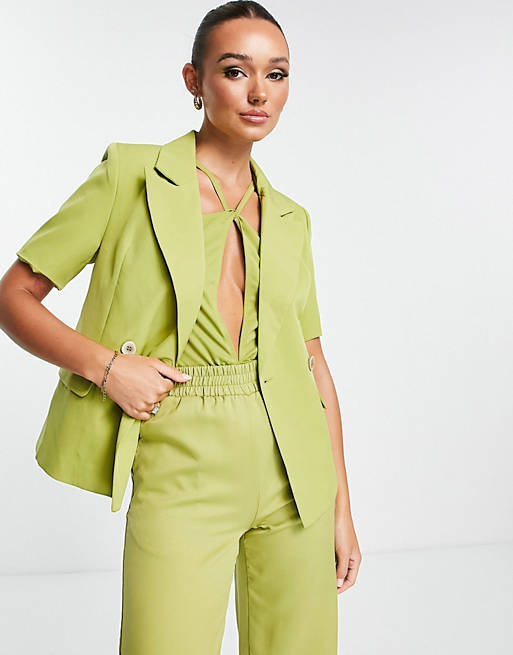 Extro & Vert tailored short sleeve blazer in olive (part of a set)