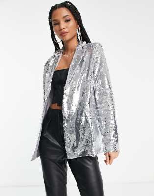 Extro & Vert Tall - Blazer oversize in paillettes argento in coordinato