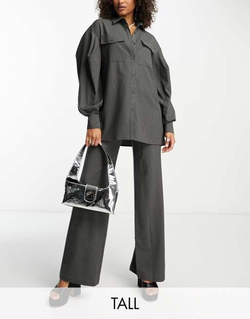 Extro & Vert Tall - Broek met superwijde pijpen in grijs met krijtstreep, deel van co-ord set