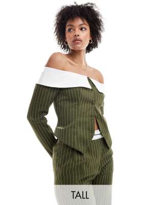 corset bandeau blazer top in khaki stripe - part of a set-Green