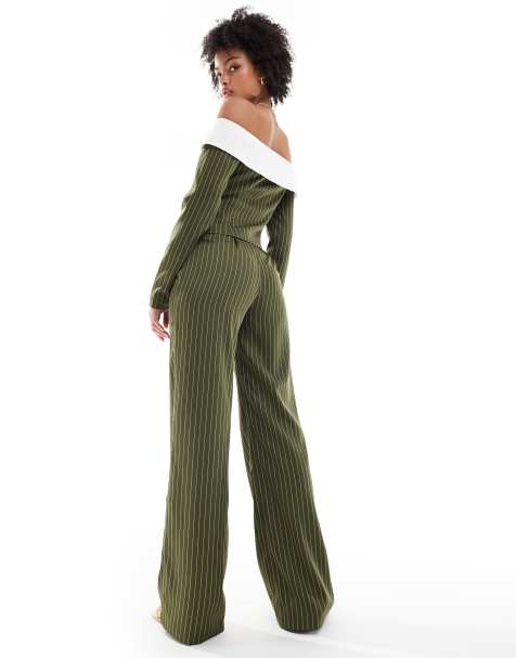 Extro & Vert Tall corset bandeau co-ord in khaki stripe - view 1