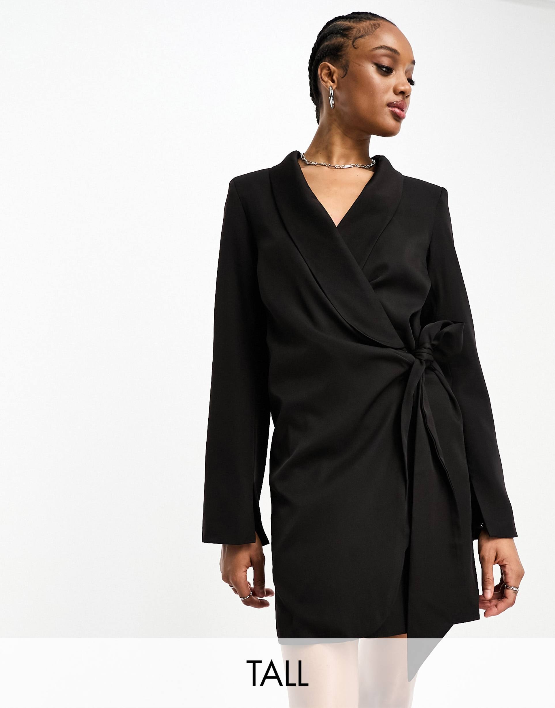 extro & vert tall drape tie side blazer dress in black