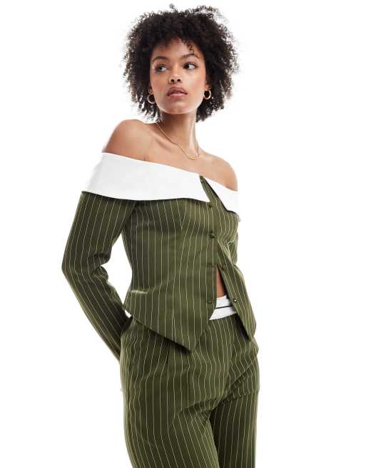 Extro & Vert Tall – Gorsetowy top marynarkowy z dekoltem bandeau w kolorze khaki w prążki, część zestawu