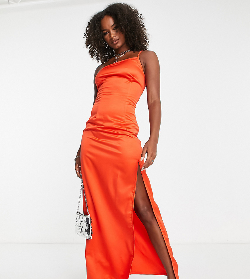 one shoulder maxi dress with split in rust satin-Copper