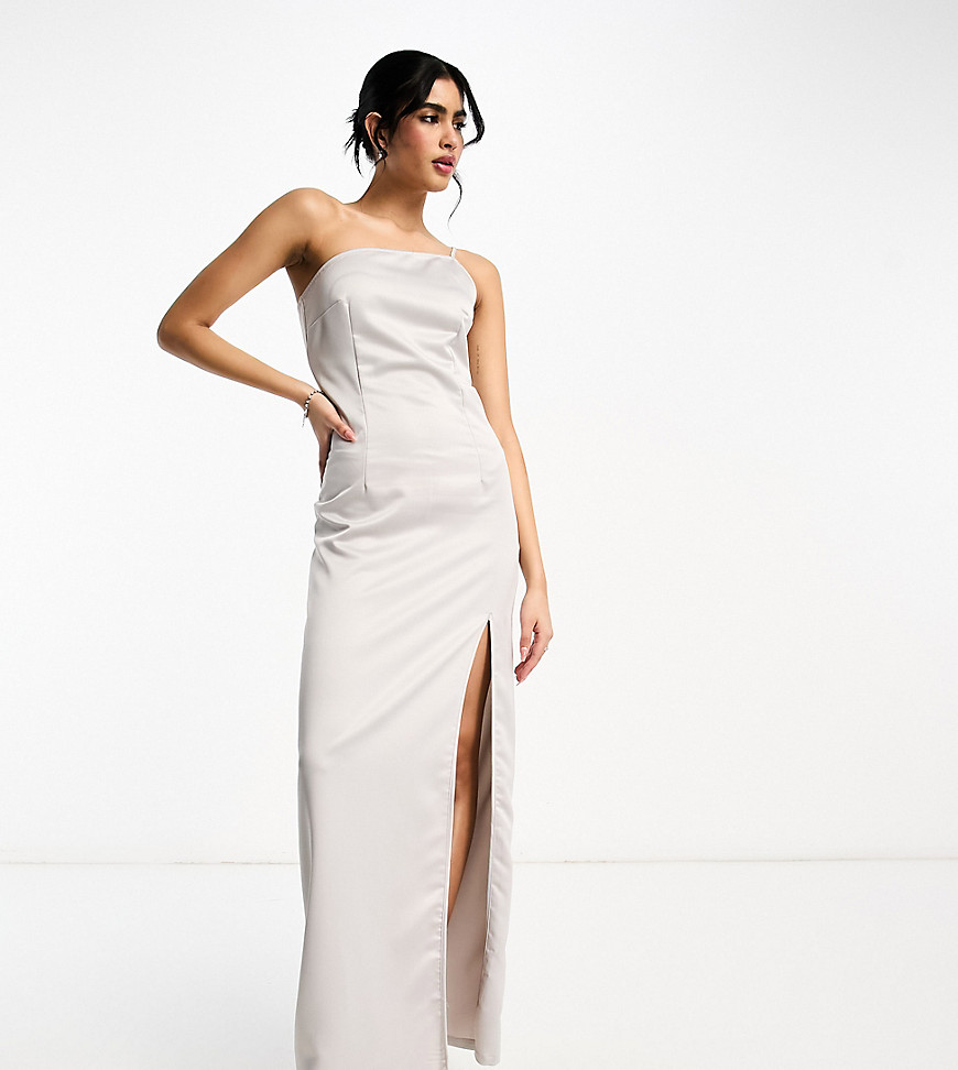 Extro & Vert Tall one shoulder maxi dress with split in stone grey satin
