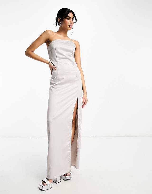 Extro & Vert Tall - one shoulder maxi dress with split in stone grey satin