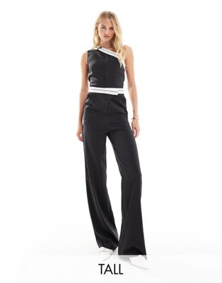 Extro & Vert Tall One Shoulder Pinstripe Jumpsuit With Waistband Detail-black