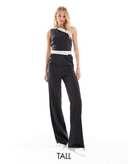 Extro & Vert Tall one shoulder pinstripe jumpsuit with waistband