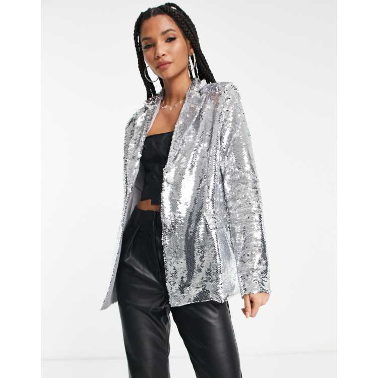 ASOS DESIGN Tall Oversized Sequin Puffer Jacket In Silver, $21, Asos