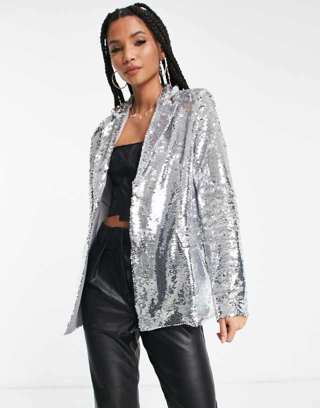 Extro & Vert Tall oversized blazer in silver sequin - part of set