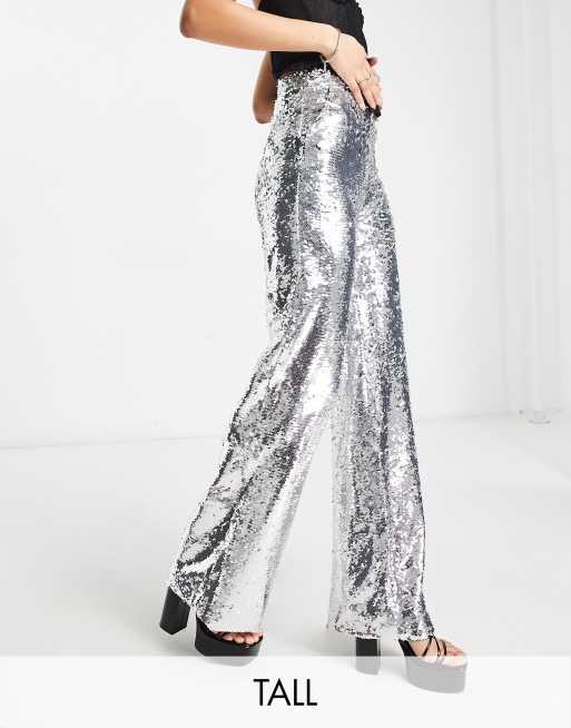 Extro & Vert Tall - Pantaloni a fondo ampio argento con paillettes in coordinato
