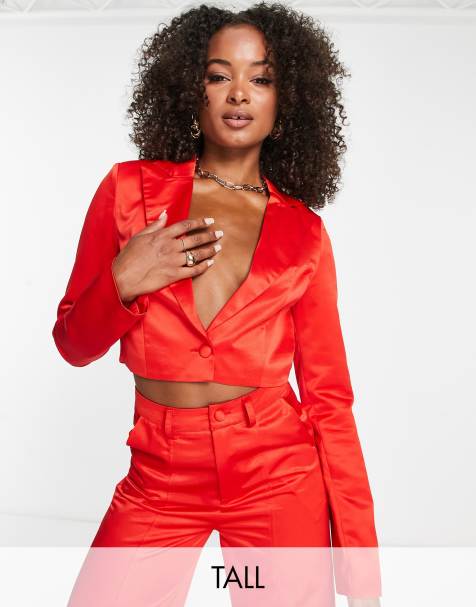 Extro & Vert Tall - Rechte cropped blazer van satijn in rood, deel van co-ord set - view 1