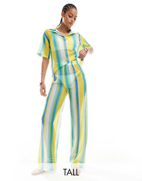 Extro & Vert Tall striped crochet trouser co-ord in multi stripe - view 1
