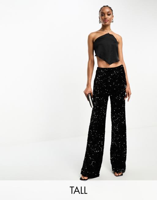 Extro & Vert Tall – Svarta slouchy byxor i sammet med paljetter 