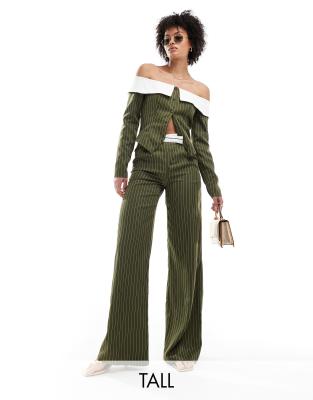 tailored pants with asymmetric waistband in khaki stripe - part of a set-Green