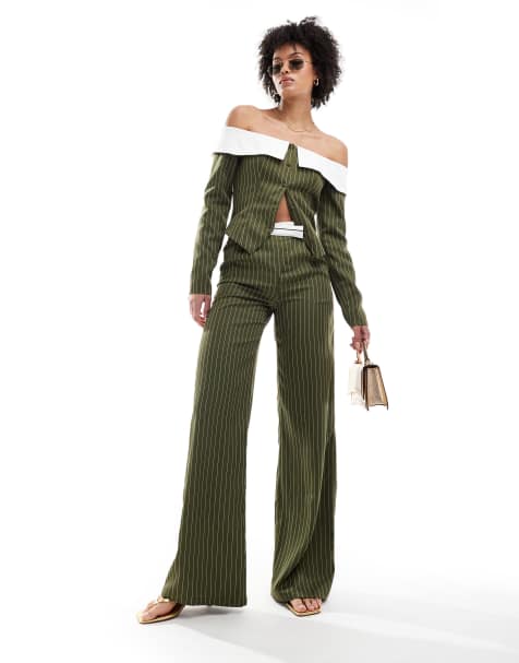 Extro & Vert Tall tailored trouser with asymmetric waistband in khaki stripe co-ord - view 1