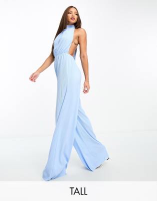 Extro & Vert Tall - Tuta jumpsuit allacciata al collo plissé azzurra a fondo ultra ampio