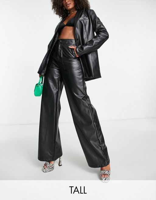 Extro & Vert Tall wide leg trousers in black faux leather | ASOS
