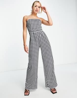 Extro & Vert - Trägerloser Jumpsuit mit weitem Bein und Hahnentrittmuster-Schwarz