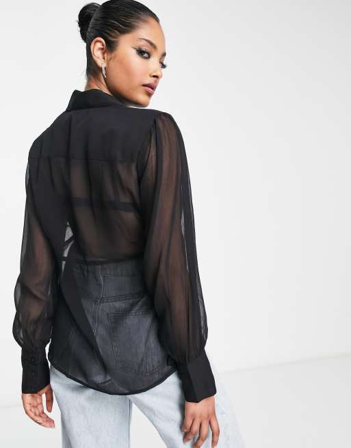Extro & Vert – Transparente Chiffonbluse zum Binden vorne in Schwarz, 2 von 4
