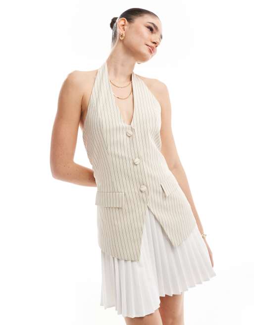 Extro & Vert - Vestito corto stile gilet 2 in 1 sartoriale a pieghe color crema gessato 