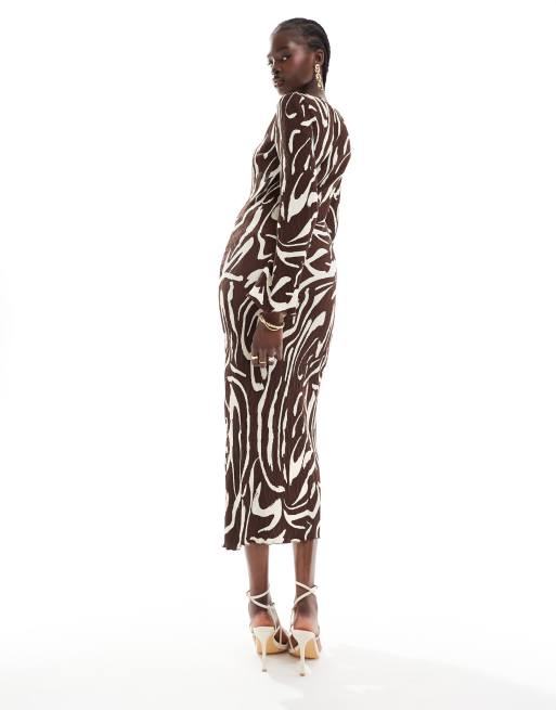 Extro Vert Vestito lungo plissé marrone e crema con stampa