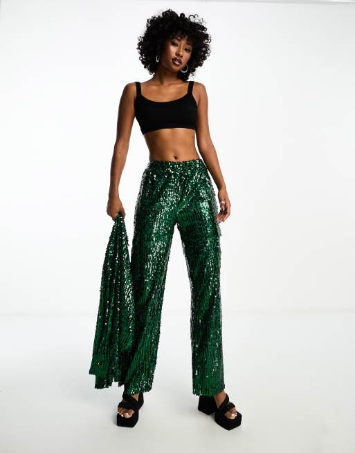 Extro & Vert wide leg sequin cargo pants in emerald green - part of a set