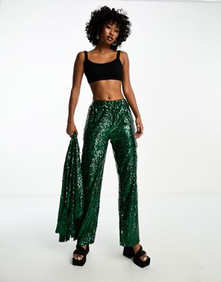 Extro & Vert wide leg sequin cargo trousers co-ord in emerald green