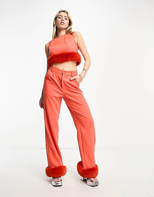 Extro & Vert wide leg trousers with faux feather trim in orange co-ord ...