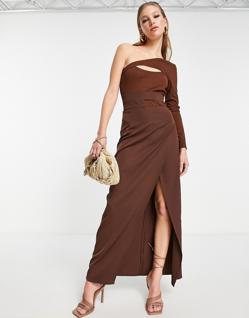 wrap front maxi skirt in brown