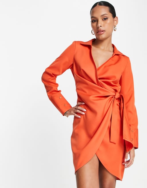 Rust satin shop wrap dress