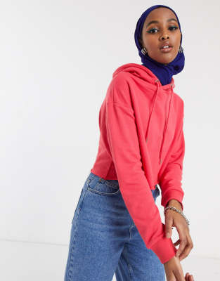 Factorie Raw Edge Cropped Hoodie In Red In Red